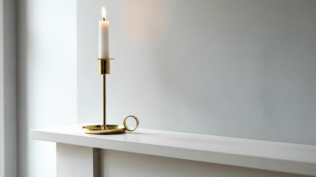 Elegant brass candlestick radiates warm light for minimalist hygge home decor 