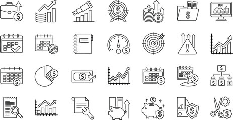 Fototapeta premium Collection of Outline Business and Finance Icons with Dollar Symbols Isolated on White