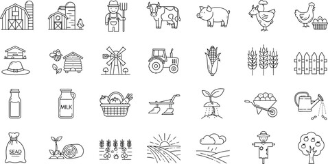 Collection of Outline Farming Icons Featuring Barns, Animals, and Agricultural Tools
