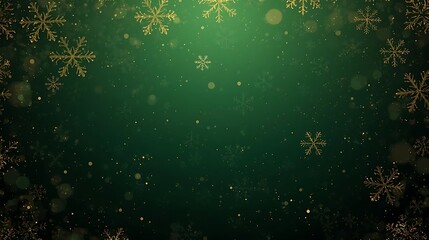 Elegant Golden Snowflakes Falling Gently on a Rich Emerald Green Background with Subtle Bokeh Effects Creating a Festive and Luxurious Christmas Atmosphere