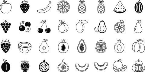 Collection of Various Fruit Line Art Icons with White Background Apple, Banana