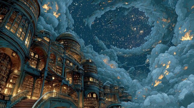 A magical Anime background or wallpaper with a floating library endless bookshelves spiraling into the cosmos