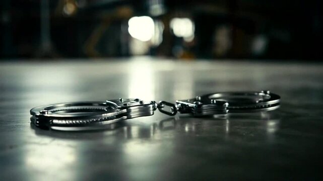 Close-up shots of handcuffs on a polished surface, symbolizing law enforcement and security measures.