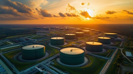 Aerial view of large oil storage tanks against a sunset, showcasing industrial infrastructure and landscape.