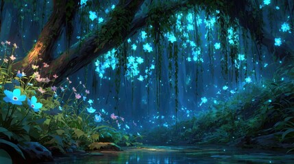 A lush Anime background or wallpaper of an enchanted rainforest vines and flowers glowing with magical energy