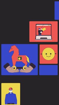 Online scam and social engineering bento grid vertical animation. Fake identity. Trojan horse. Misleading ads collage motion 4K video web design. Animated cartoon characters collection mood board