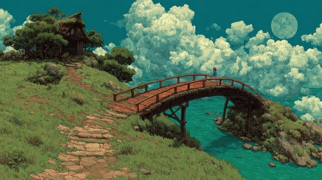 A dreamlike Anime background or wallpaper of a bridge leading to another dimension swirling colors and floating islands