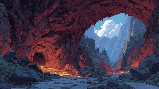 Anime background or wallpaper of a dragons lair inside a volcanic mountain gold treasures and glowing lava rivers