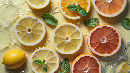 Fresh citrus fruits with mint leaves and water splash for skincare visuals. Ideal for beauty content, healthy recipes, and organic lifestyle blogs.