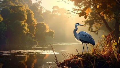 Pixelated Heron Standing Beside Calm Lake at Dawn Mist Rising from the Water Reflecting Sunlight Through Trees Creating Tranquil Wildlife Habitat