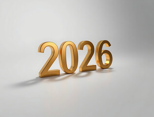 Golden 3D Numbers Representing the Year Two Thousand Twenty Six Casting Shadows on a Light Gray Background