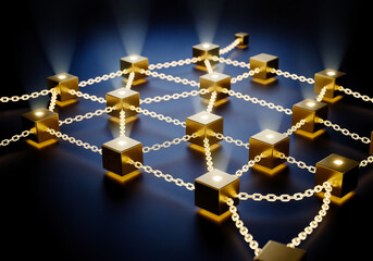 Golden cube Blockchain network connected by chains on a dark background. DLT technology, security, and cryptocurrencies concept.