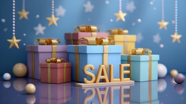 Vibrant holiday sale background featuring colorful gift boxes with golden ribbons, large sale sign, and festive blue gradient backdrop adorned with decorative stars and pearls for eye-catching promoti