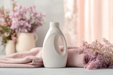 Laundry detergent bottle with pink towel and lilac flowers in soft pastel home interior