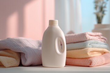 White plastic detergent bottle with pastel towels on soft sunlight background for laundry advertising