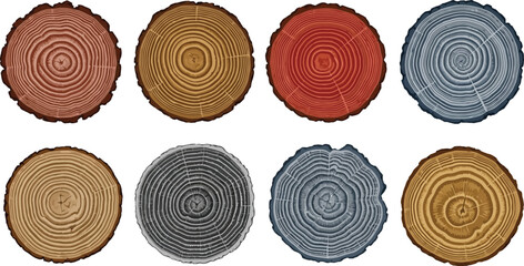 Colorful Tree Rings Collection Round Wood Slice Sections with Tree Age in Detail