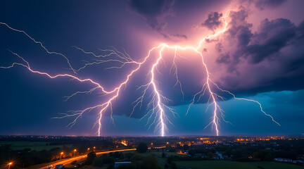 Dramatic lightning storm illuminates the night sky over a city, showcasing nature's raw power and electric spectacle.