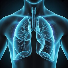 Glowing blue human lungs and chest cavity on a dark background