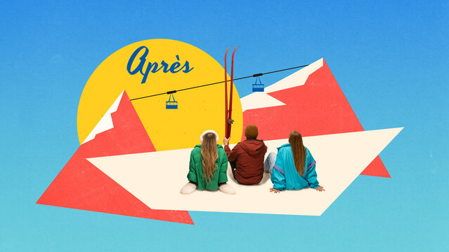 Group sitting with skis and cable car under sun in apres ski mountain illustration poster style. Concept of travel lifestyle, tourism communication, outdoor adventure, and retro design marketing.