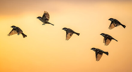 Flock Sparrows Flying Sky Depicting Small Birds Group Motion Dynamic Wings Nature Outdoors Flight