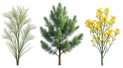 Stunning collection of three distinct plants, including a feathery grass, a lush pine tree, and vibrant yellow flowers, perfect for botanical designs.