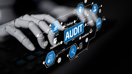 A futuristic robotic hand interacts with a digital audit interface, showcasing various icons...
