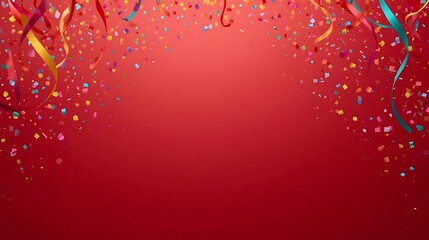 Vibrant Festive Celebration with Falling Confetti and Streamers on a Red Background