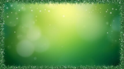 Soft Green Bokeh Light Background with Glittery Border and Falling Snowflakes