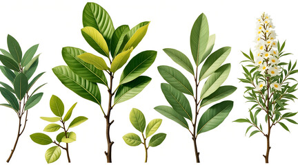 Vibrant lush green foliage and delicate white blossoms create an elegant botanical collection perfect for design projects