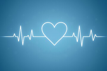 Glowing neon heart symbol with ekg heartbeat line on blue background