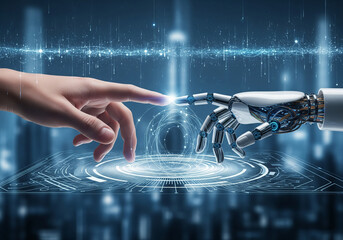Human hand and robot arm touching lights in futuristic digital cityscape representing ai and technology integration