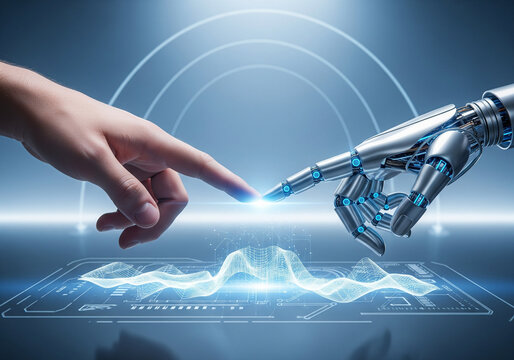 Human and robot hand reaching out touching fingertips in futuristic digital glowing light connection concept