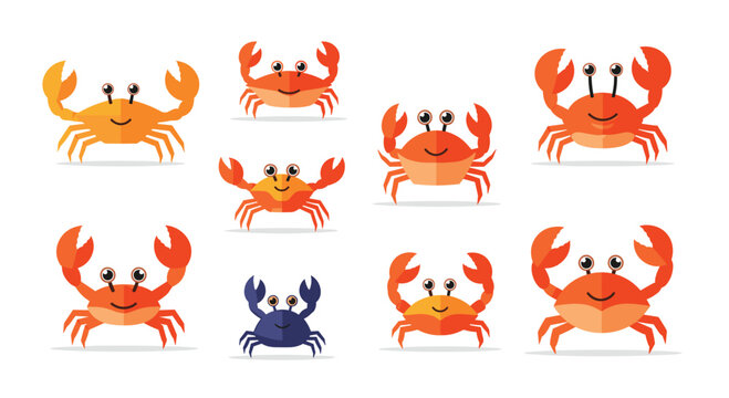 Adorable collection of cheerful cartoon crabs with big claws and happy smiles, perfect for summer beach themes and ocean designs