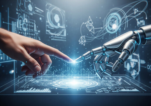 Human and robot hands touching futuristic digital interface symbolizing ai collaboration and technology advancement
