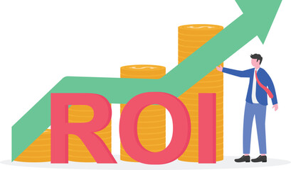 A businessman stands next to the word ROI with a rising green chart,


