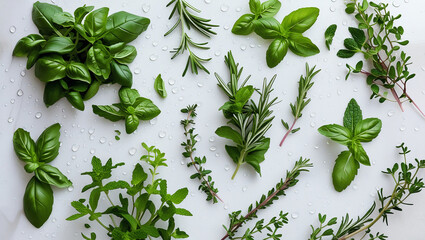 Assorted herbs with water droplets on white background for gardening content. Ideal for sustainable lifestyle blogs and natural ingredient marketing.