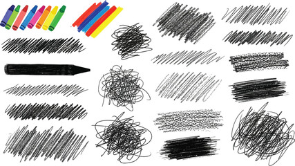 Crayon Scribbles Set with Colorful Wax Crayons and Graphite Strokes on White Background