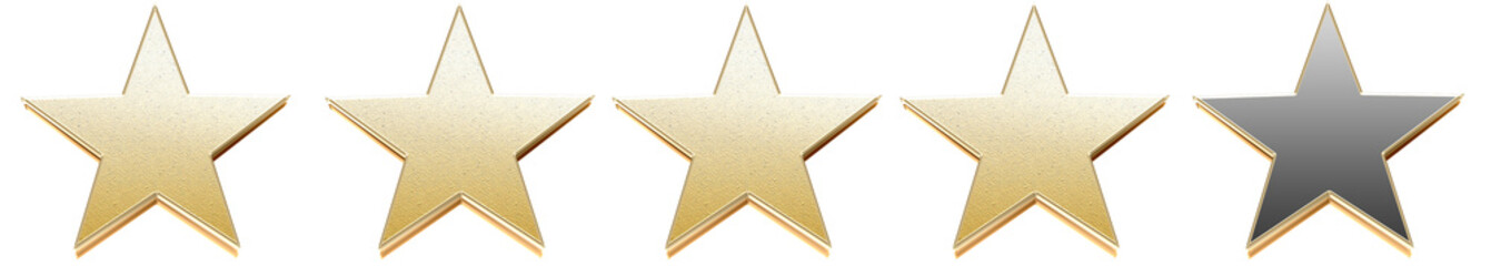 Four bright golden glitter stars and one grey star isolated on white background. Elegant and shiny review icons symbolizing high quality, positive feedback