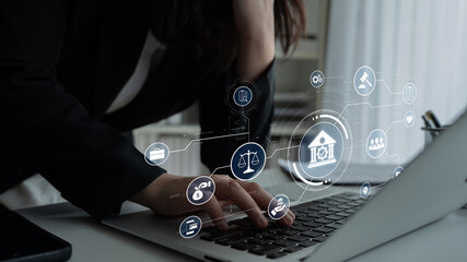 Futuristic digital law interface displaying justice scale, highlighting digital law, AI compliance,...
