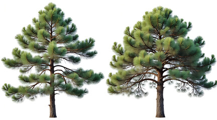 Two majestic pine trees with vibrant green needles and textured bark stand tall, perfect for nature scenes and environmental projects.