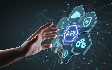 Hand interacting with a glowing hexagonal api interface with digital icons