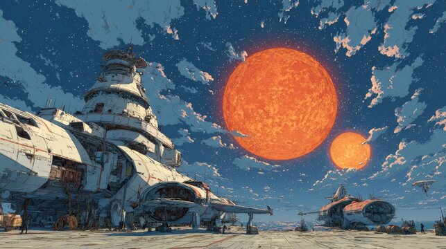 Anime background or wallpaper depicting a spaceport alien ships docking under a sky filled with twin suns