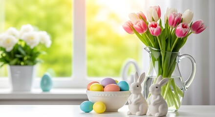 Bright spring tulips and easter eggs decorate a sunny window scene
