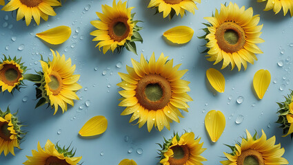 Flatlay sunflowers with water droplets for vibrant floral designs. Ideal for seasonal advertising, garden themes, and cheerful packaging.