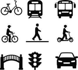 Collection of black transportation and traffic icons