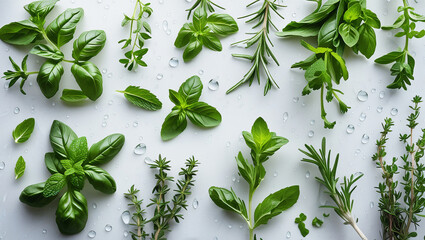 Top view of herbs flatlay with basil and mint for culinary branding. Perfect for organic product packaging, cooking blogs, and recipe websites.