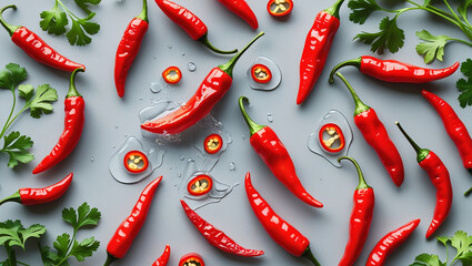 Red chili peppers with cilantro on gray background for hot sauce branding. Perfect for spicy product packaging, Asian recipes, and food blogs.