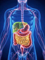 Human digestive system anatomy illustration with transparent body overlay