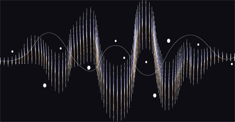 Abstract visual representation of sound waves, featuring vertical lines and circular elements against a dark background.