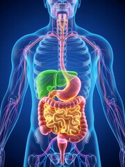 Human digestive system anatomy illustration with transparent body